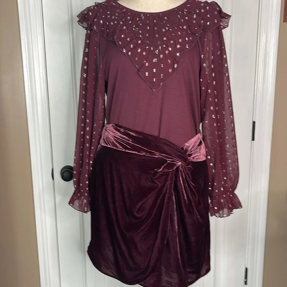 LOFT Shimmer Dotted Ruffle Yoke Mixed Media Top Sz XXL/Crushed Blackberry - Picture 6 of 10